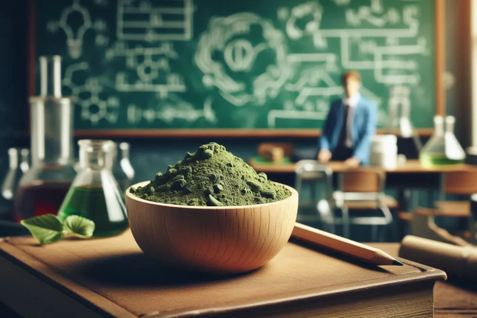 A classroom with a bowl of kratom powder on a book, highlighting a kratom botanical classification lesson