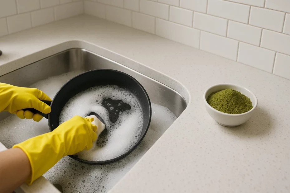 Pairing kratom with household chores with a person washing a pan with soapy water, next to a bowl of kratom powder