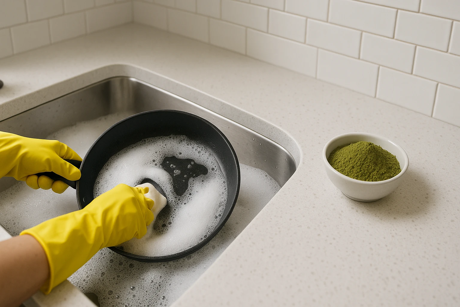 Pairing kratom with household chores with a person washing a pan with soapy water, next to a bowl of kratom powder