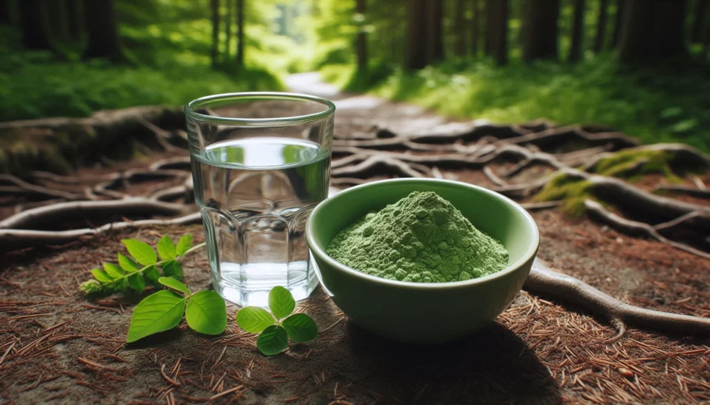 Glass of water and bowl of kratom powder surrounded by fresh leaves in a forest