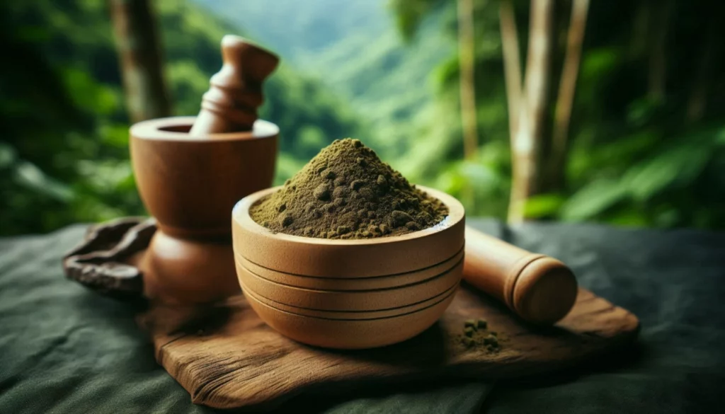 Wooden bowl filled with green kratom powder, accompanied by a mortar and pestle on a wooden board with a lush forest backdrop.