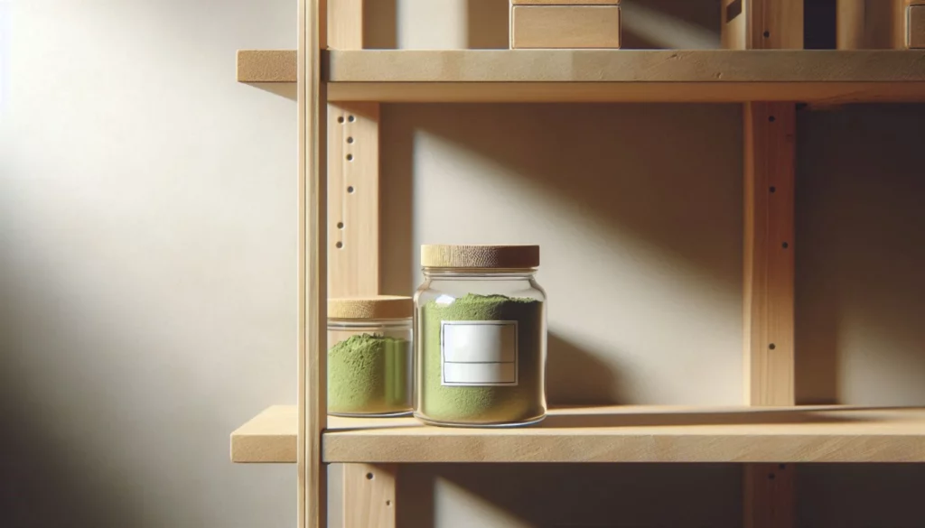 A glass jar filled with green kratom powder on a wooden shelf with another jar in the background.