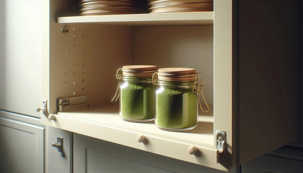 Two sealed glass jars filled with kratom, stored on a shelf inside an open kitchen cabinet