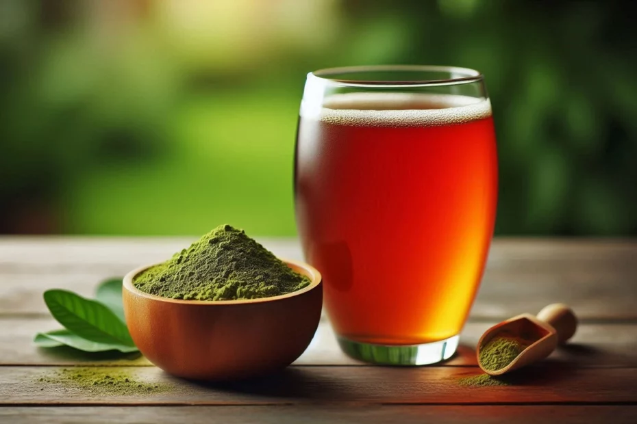 Kratom powder in a wooden bowl with a leaf, alongside a glass of kombucha tea, highlighting fermented tea with kratom