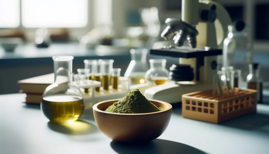 Close-up of green kratom powder in a wooden bowl, surrounded by laboratory equipment including a microscope and test tubes