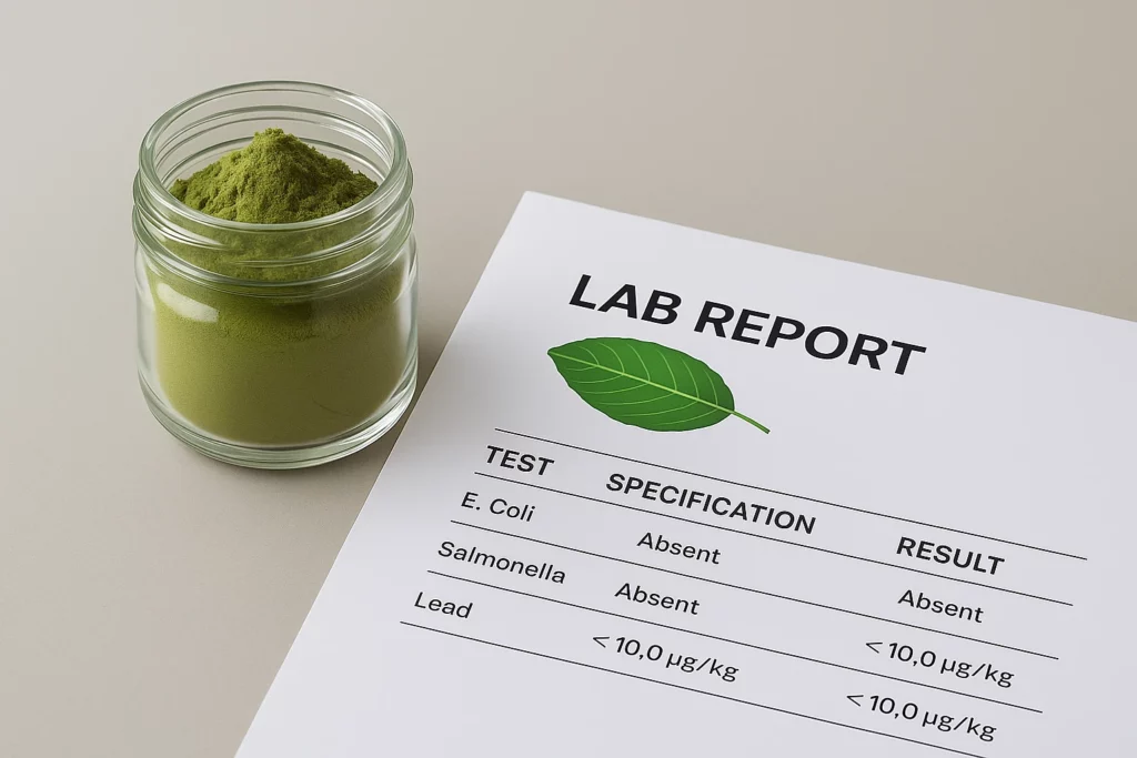Glass jar of green kratom powder next to a lab report document with test results and a leaf icon.