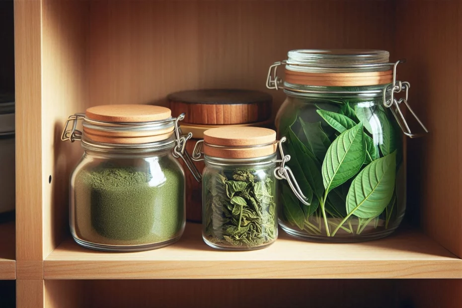 Glass jars containing kratom powder and fresh kratom leaves on a wooden shelf, an option for chewing kratom leaves