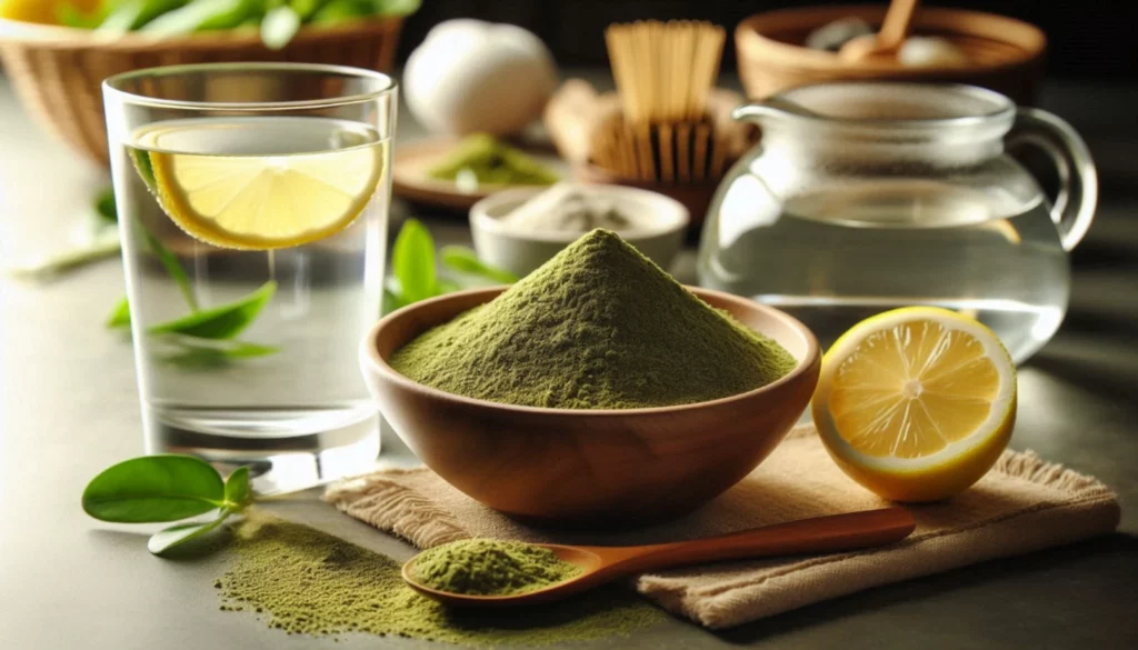 Wooden bowl filled with green kratom powder, a glass of water with lemon slice, and halved lemon on a table