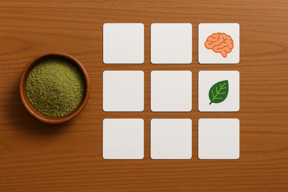 Kratom and memory, with a wooden bowl of kratom beside a 3x3 grid of white cards on a table that symbolize the memory game