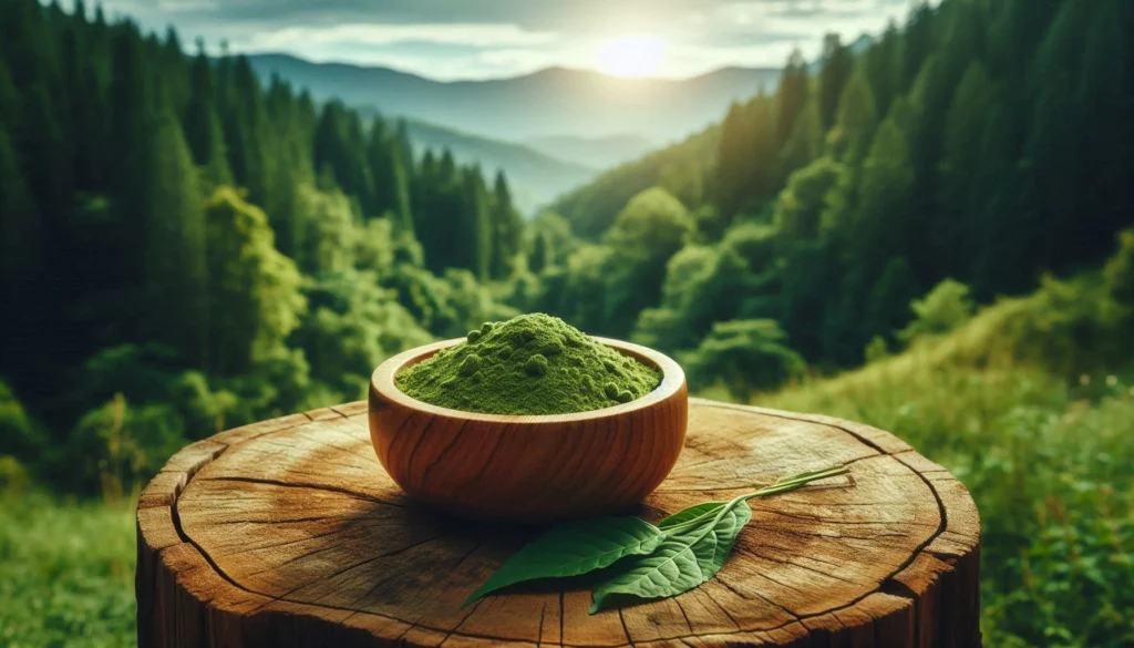 Wooden bowl filled with green kratom powder, placed on a tree stump with fresh leaves nearby.