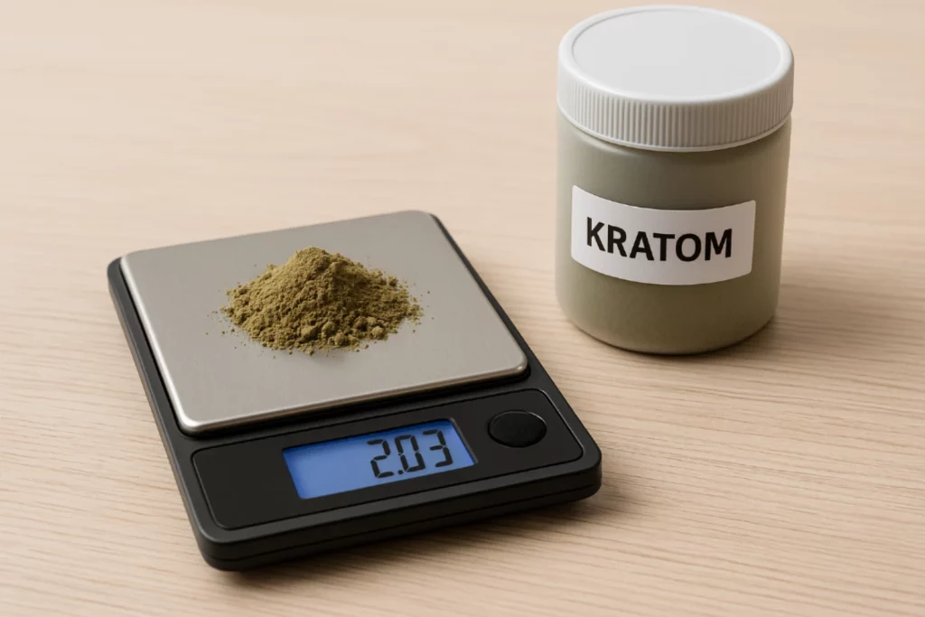 Digital scale displaying 2.03 grams with a pile of kratom powder, alongside a labelled kratom container on a wooden surface