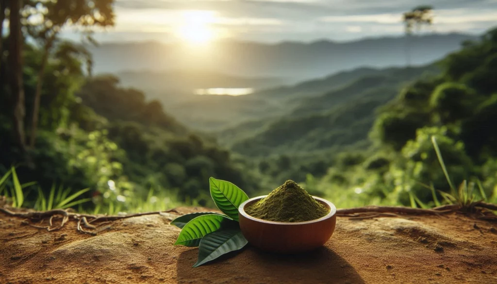 Kratom powder in a bowl, surrounded by fresh leaves on an earthy surface, with a scenic view at sunset.