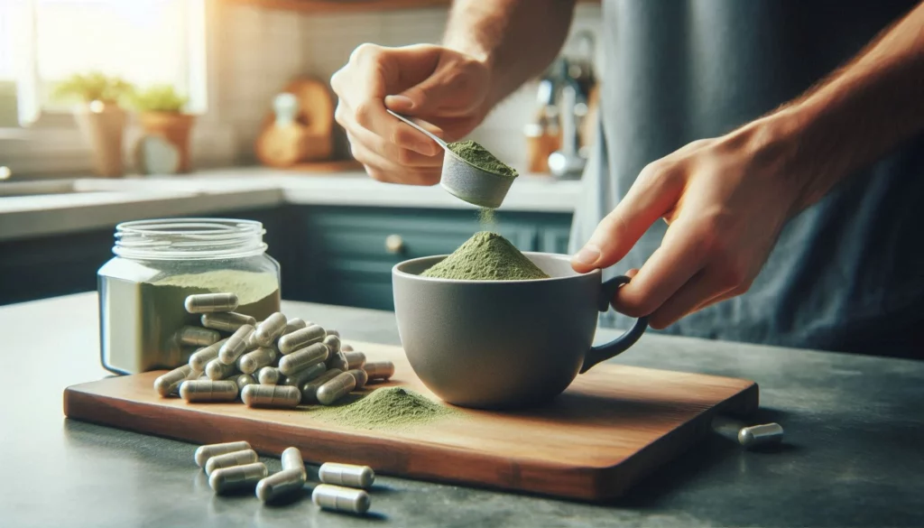 Person pouring green kratom powder into a mug with capsules nearby on a wooden board.