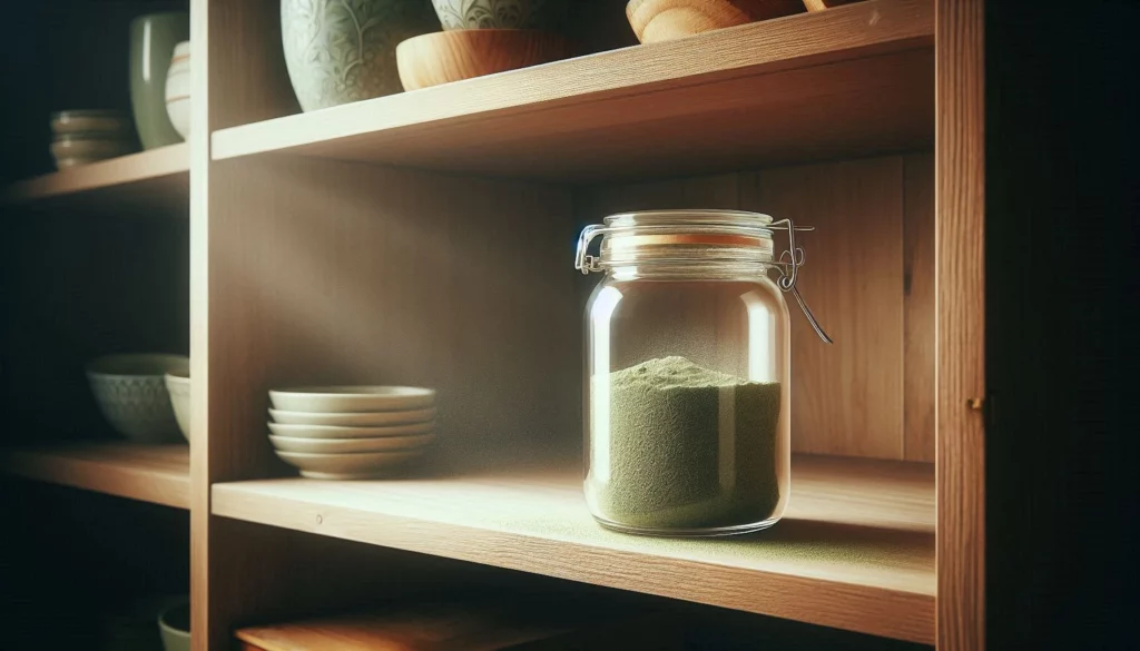 Glass jar filled with green kratom powder on a wooden shelf surrounded by ceramic bowls and vases