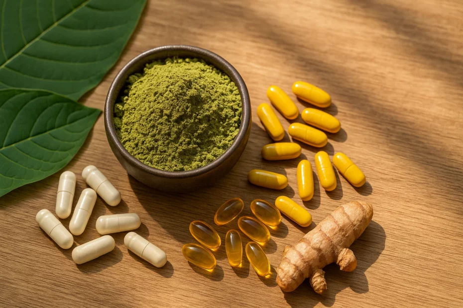 Kratom supplementation with a wooden bowl of kratom powder beside various capsules and a turmeric root on a wooden surface
