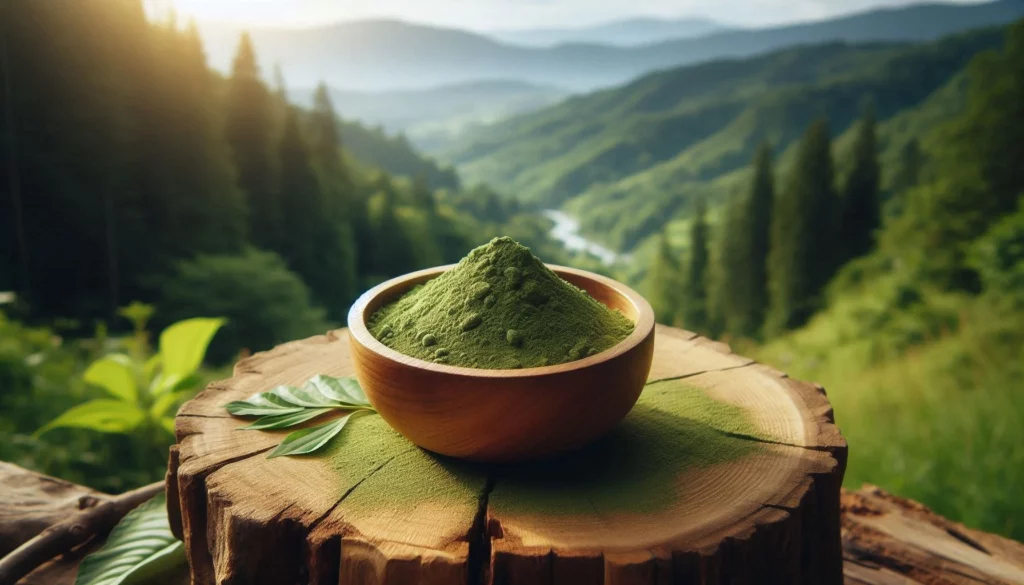 Wooden bowl filled with green kratom powder on a tree stump, surrounded by fresh leaves, with a lush mountain valley in the background.