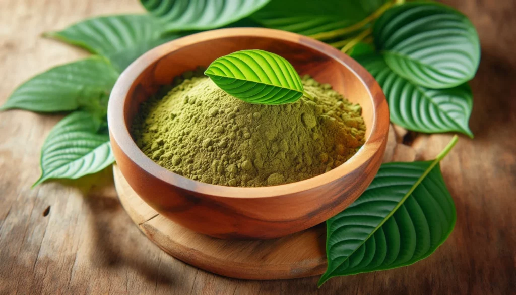 Wooden bowl filled with green kratom powder, adorned with a single leaf and surrounded by fresh green leaves.