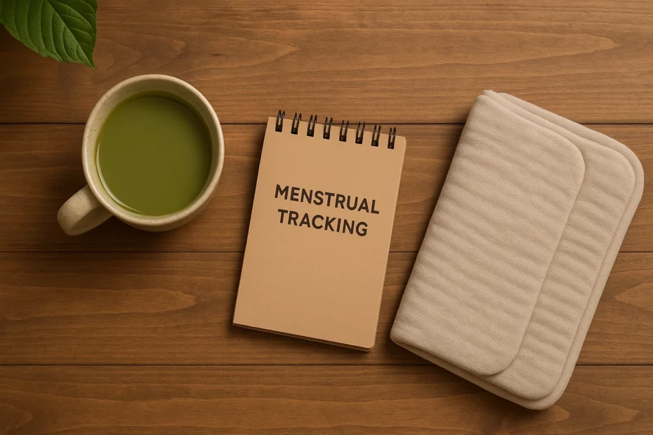 Kratom and the menstrual cycle with a mug of kratom tea beside a "Menstrual Tracking" notepad on a table