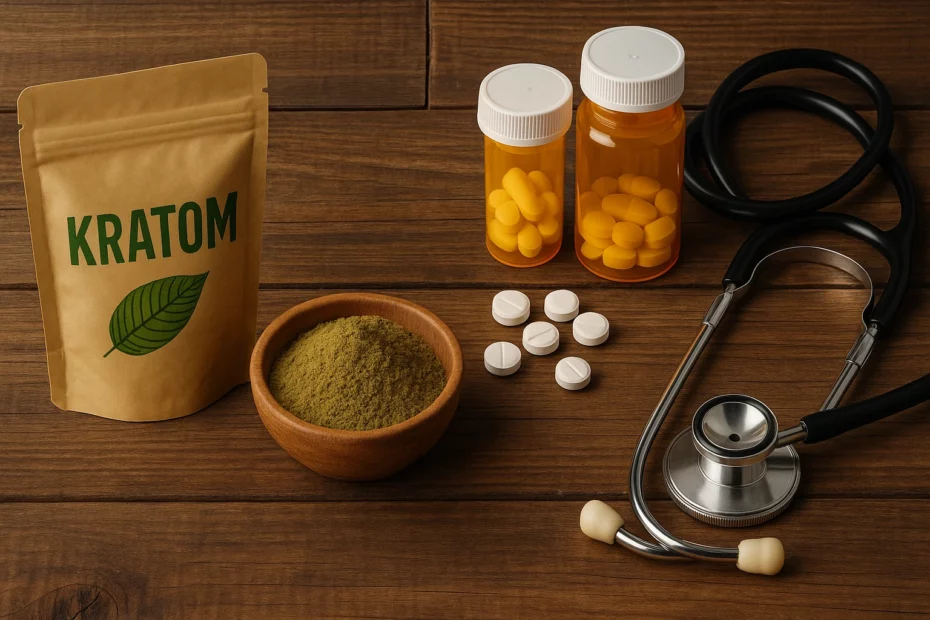 Kratom vs traditional painkillers with a bowl of kratom powder, kratom bag, painkiller bottles, and stethoscope on a wooden surface.