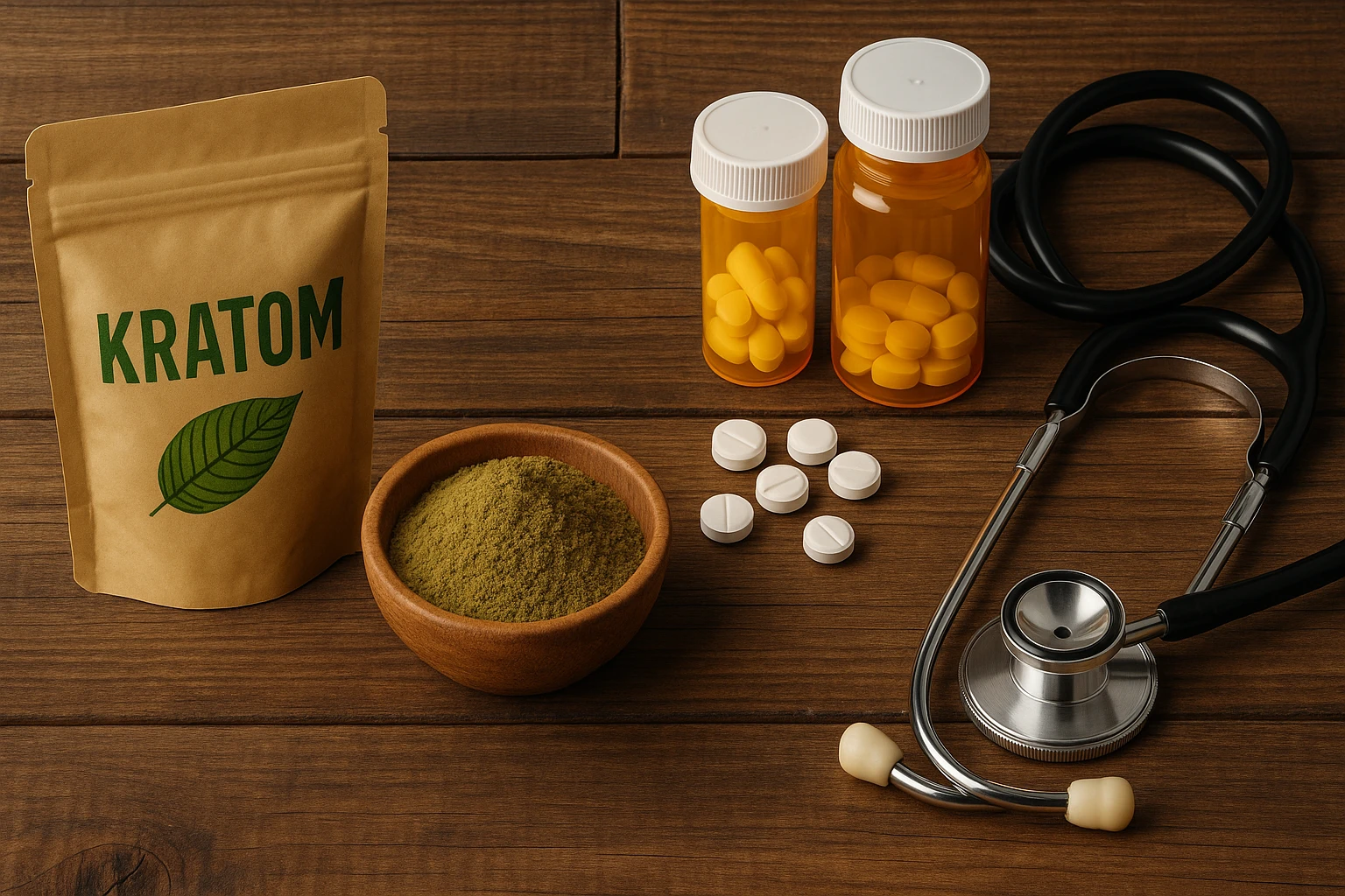Kratom vs traditional painkillers with a bowl of kratom powder, kratom bag, painkiller bottles, and stethoscope on a wooden surface.