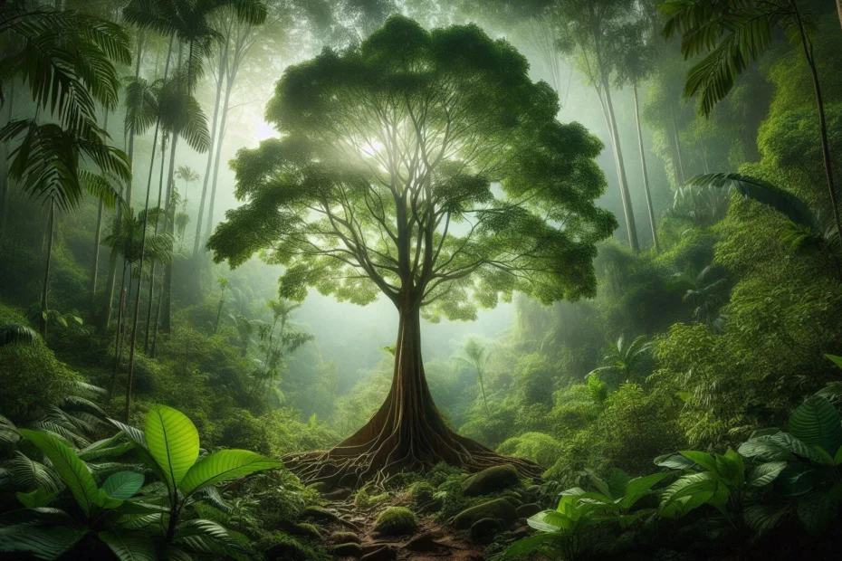 Kratom tree anatomy of full display in a dense rainforest with sunlight filtering through its canopy.