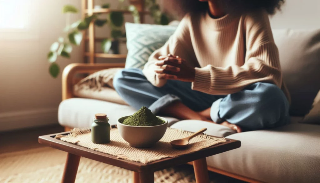 Person sitting on a couch with a bowl of green kratom powder and a small bottle on a wooden coffee table.