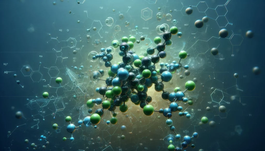 3D rendering of a complex molecular structure with colourful atoms and chemical bonds