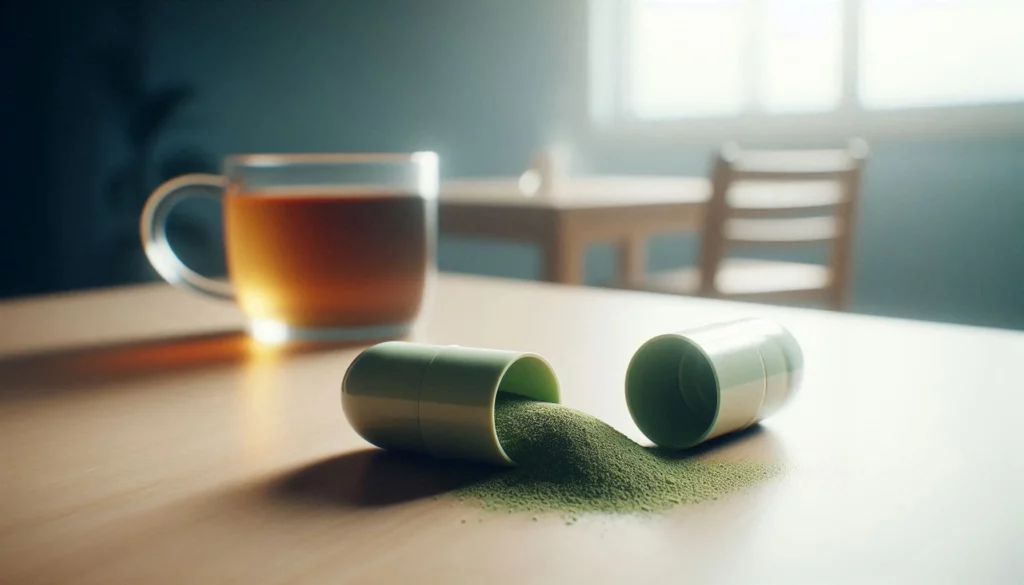 Open green capsule with kratom powder next to a cup of tea on a wooden table as natural light comes though a window