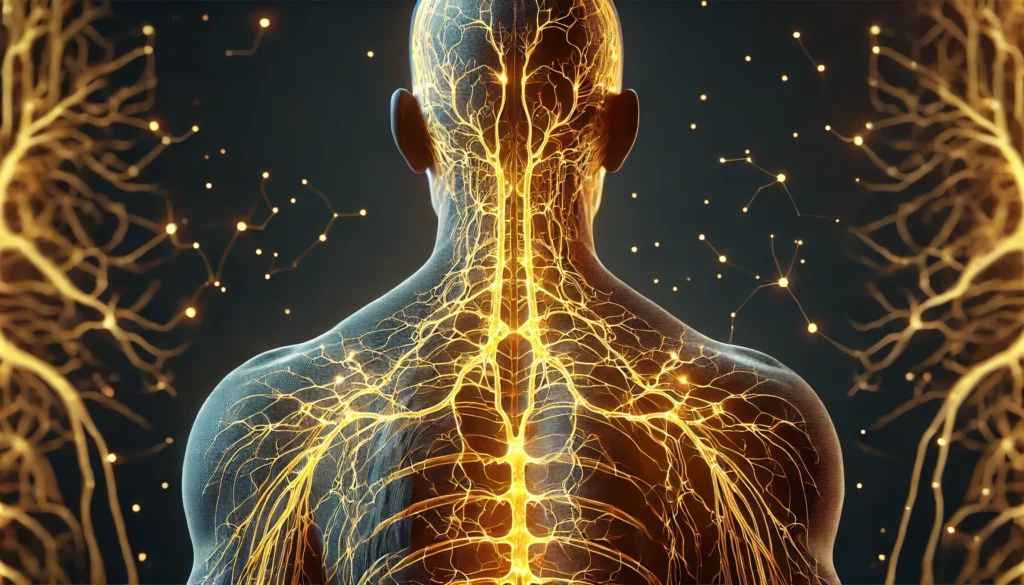 Digital artwork of a human back with glowing neural network patterns and interconnected nodes
