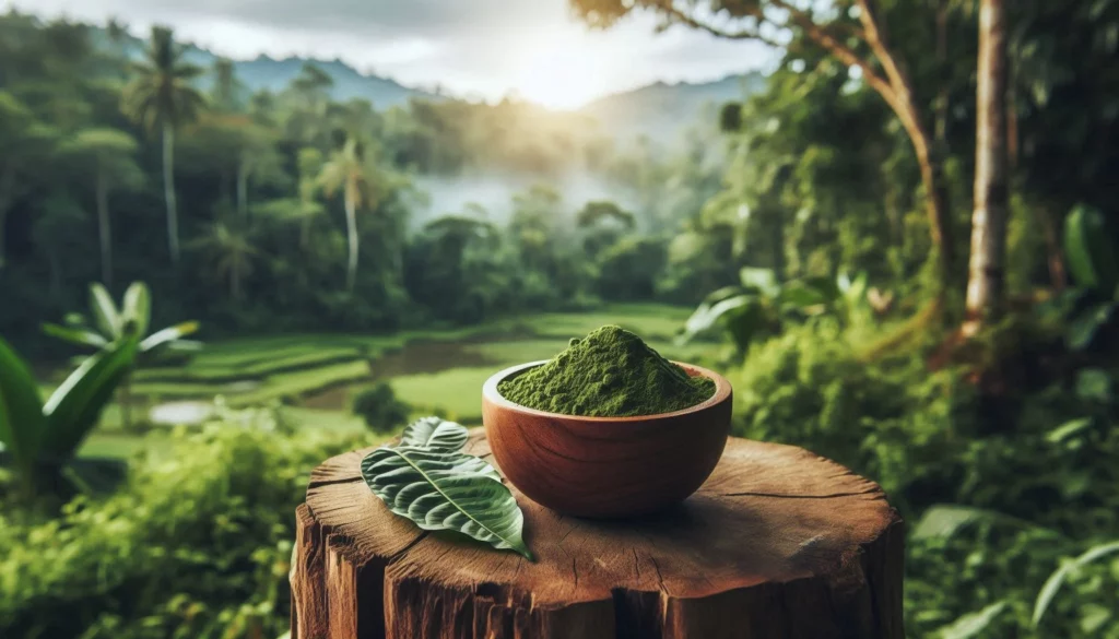 Organic kratom powder in a wooden bowl with a fresh leaf, set against a lush rainforest backdrop.