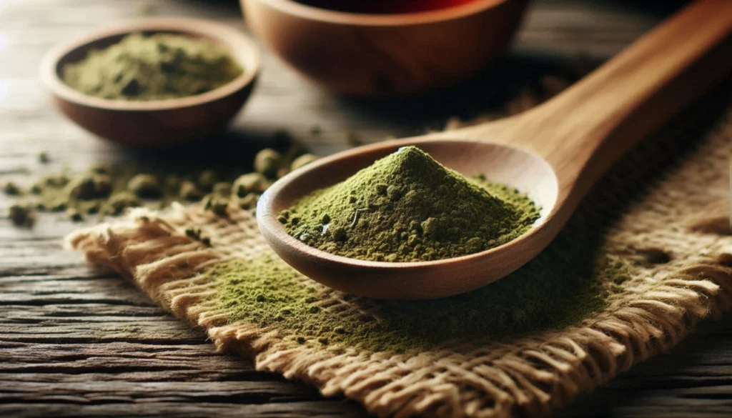 Wooden spoon filled with green kratom powder on a burlap mat, with additional bowls and scattered powder on a table.