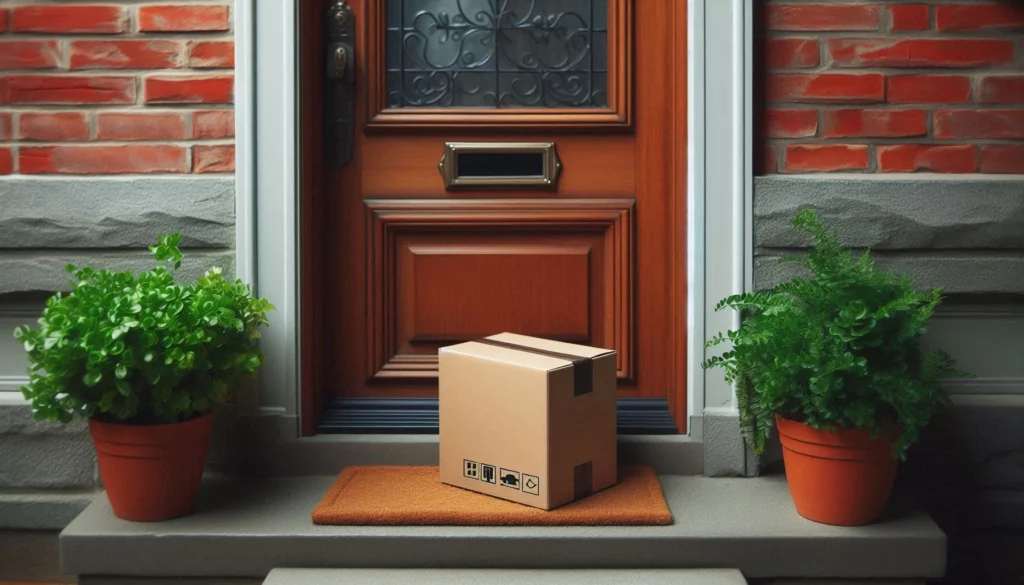 Cardboard package on a doormat in front of a wooden door, flanked by potted green plants