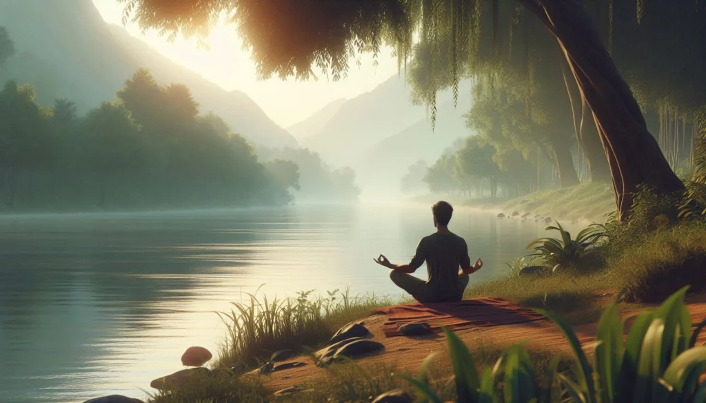 Person meditating in lotus pose on a mat by a serene lake, surrounded by lush greenery and misty mountains at sunrise.