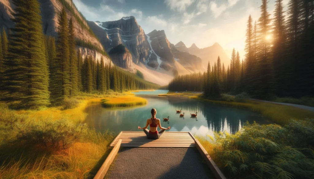 A woman practicing yoga on a wooden dock by a serene mountain lake, surrounded by tall pine trees and distant peaks.