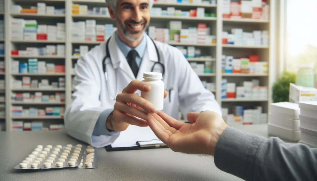 Pharmacist in white coat handing a medicine bottle to a patient with an outstretched hand.