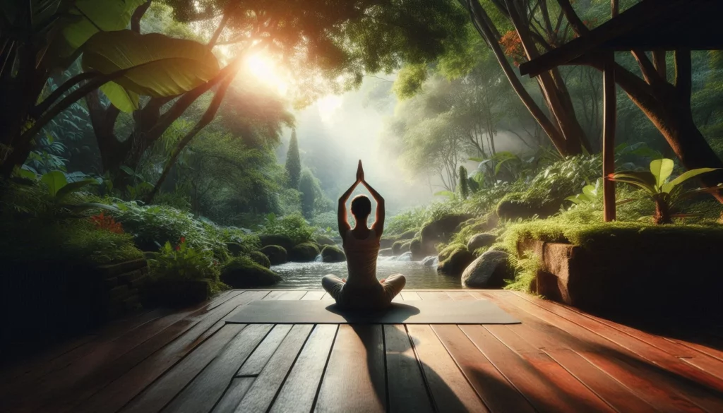 Individual practicing yoga with hands in prayer pose on a mat, surrounded by lush forest and a tranquil stream.