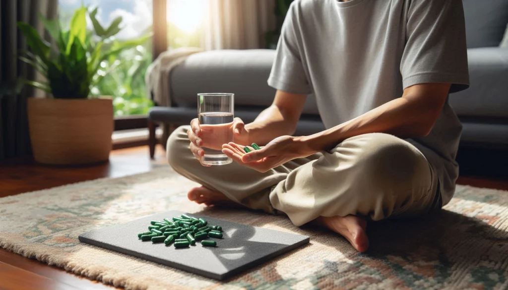 A person getting ready to ingest kratom capsules with a glass of water in hand, additional capsules on a mat nearby.