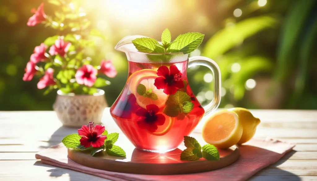 Refreshing pitcher of hibiscus tea garnished with lemon slices and mint leaves