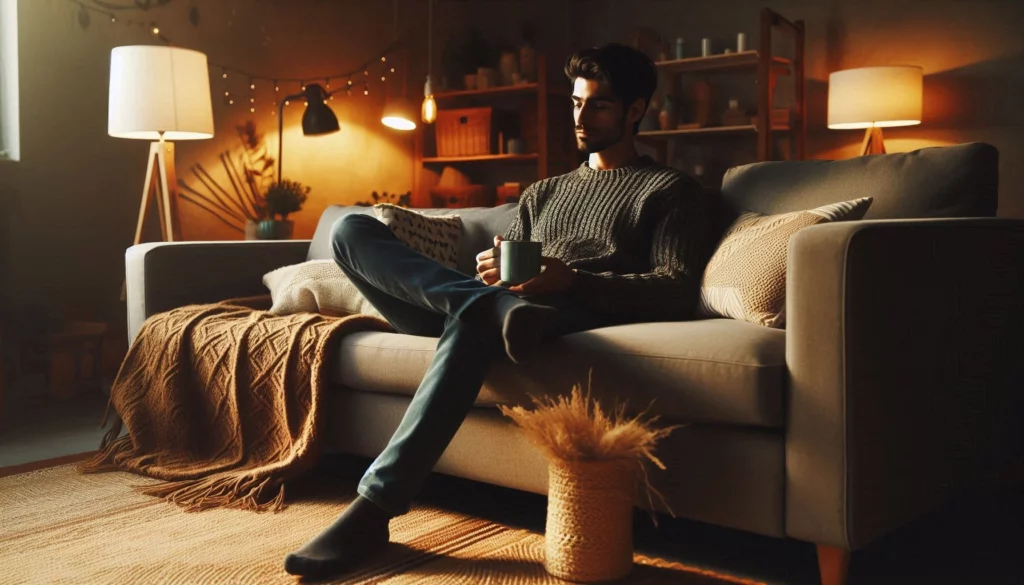 A man in a cozy sweater lounging on a sofa with a mug, surrounded by warm lighting and decor.