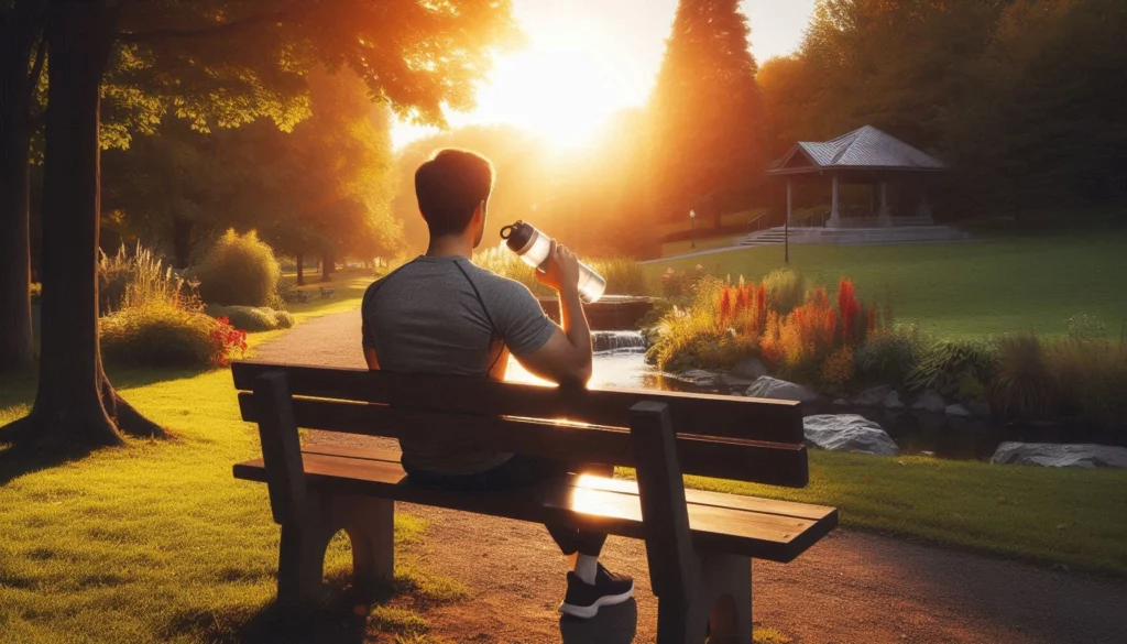 Man sitting on a park bench at sunset, drinking from a water bottle, with a gazebo and stream in the background.