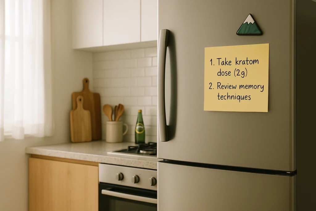 Yellow sticky note with reminders on a stainless steel fridge, in a modern kitchen with wooden utensils.