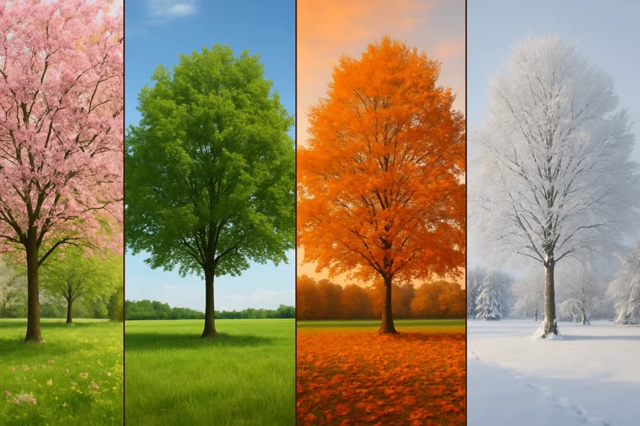Personification of seasonal herbalism with four trees showcasing the effects of different seasons.