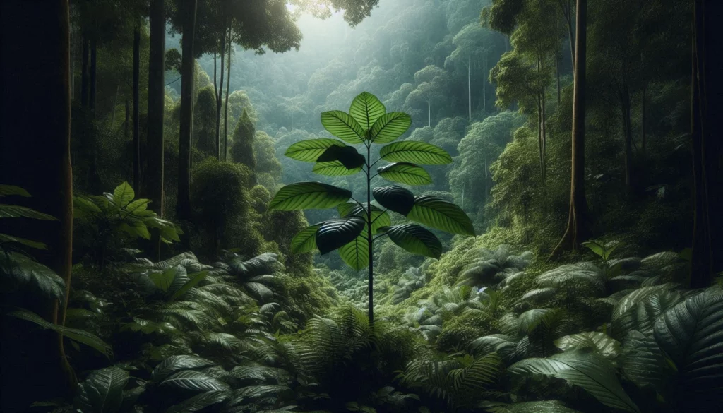 Young kratom tree with lush green leaves thriving in a dense forest environment