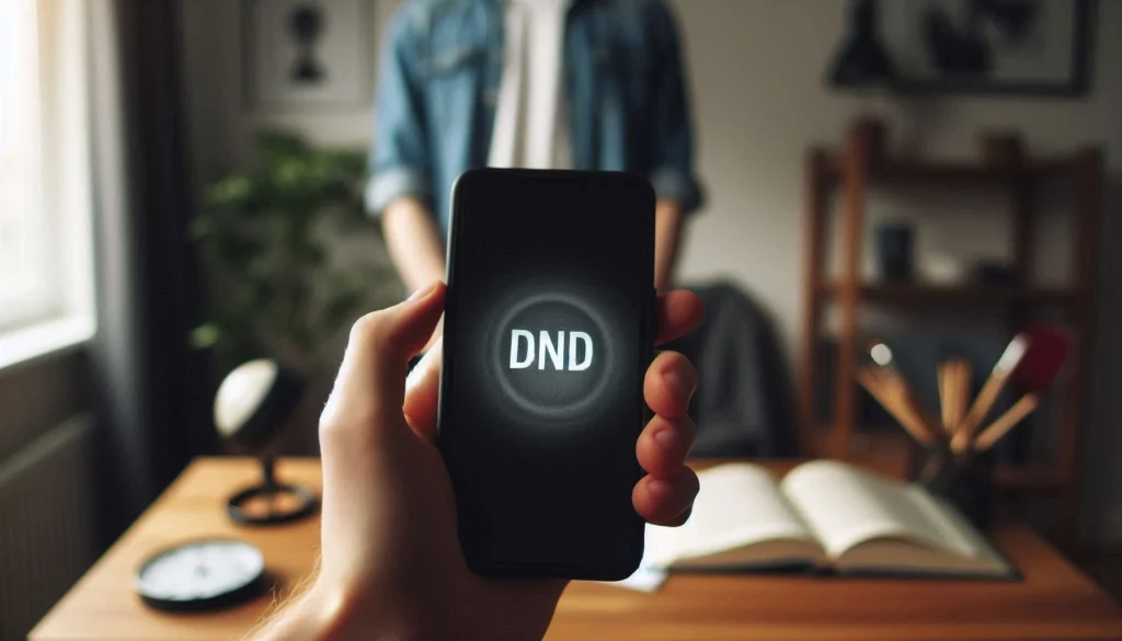 A hand holding a smartphone displaying "DND" mode, with a blurred background of a workspace.