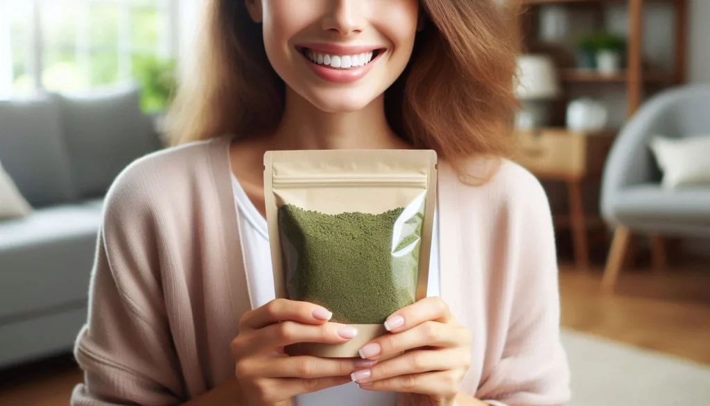 A happy woman with brown hair holding a pack of green kratom powder in their living room