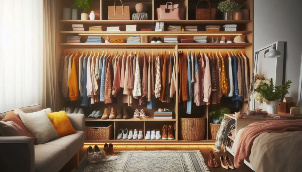 Organized closet with colourful clothes, shoes, and accessories on shelves, alongside a cozy sofa