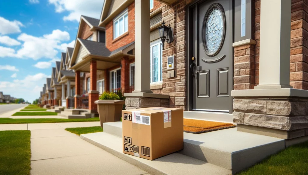Package delivery on a suburban home porch with brick houses and green lawns under a blue sky.