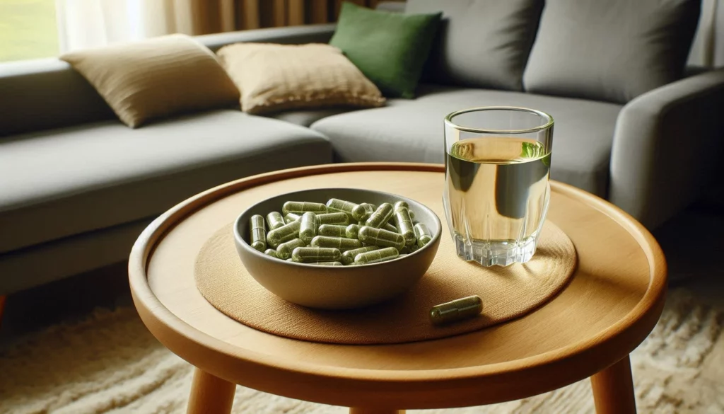 Bowl of green kratom capsules next to a glass of water on a wooden table.