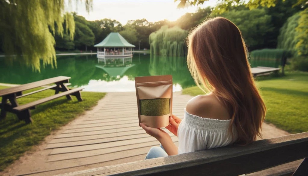 A woman with long hair holding a kratom package while sitting on a bench by a serene lake.
