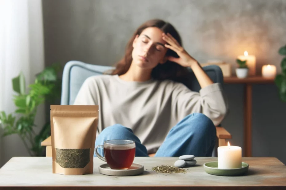 Woman resting with hand on forehead with kratom nausea, surrounded by a packet of kratom, a cup of tea, and a lit candle on a wooden table